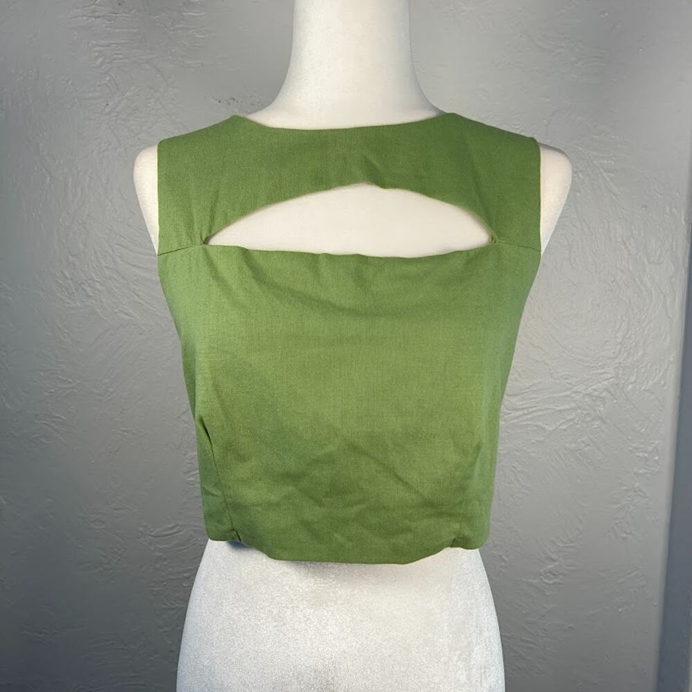 Lelis Green Linen Blend Crop Top Cutout Sleeveless Back Zip Women's Large Resort